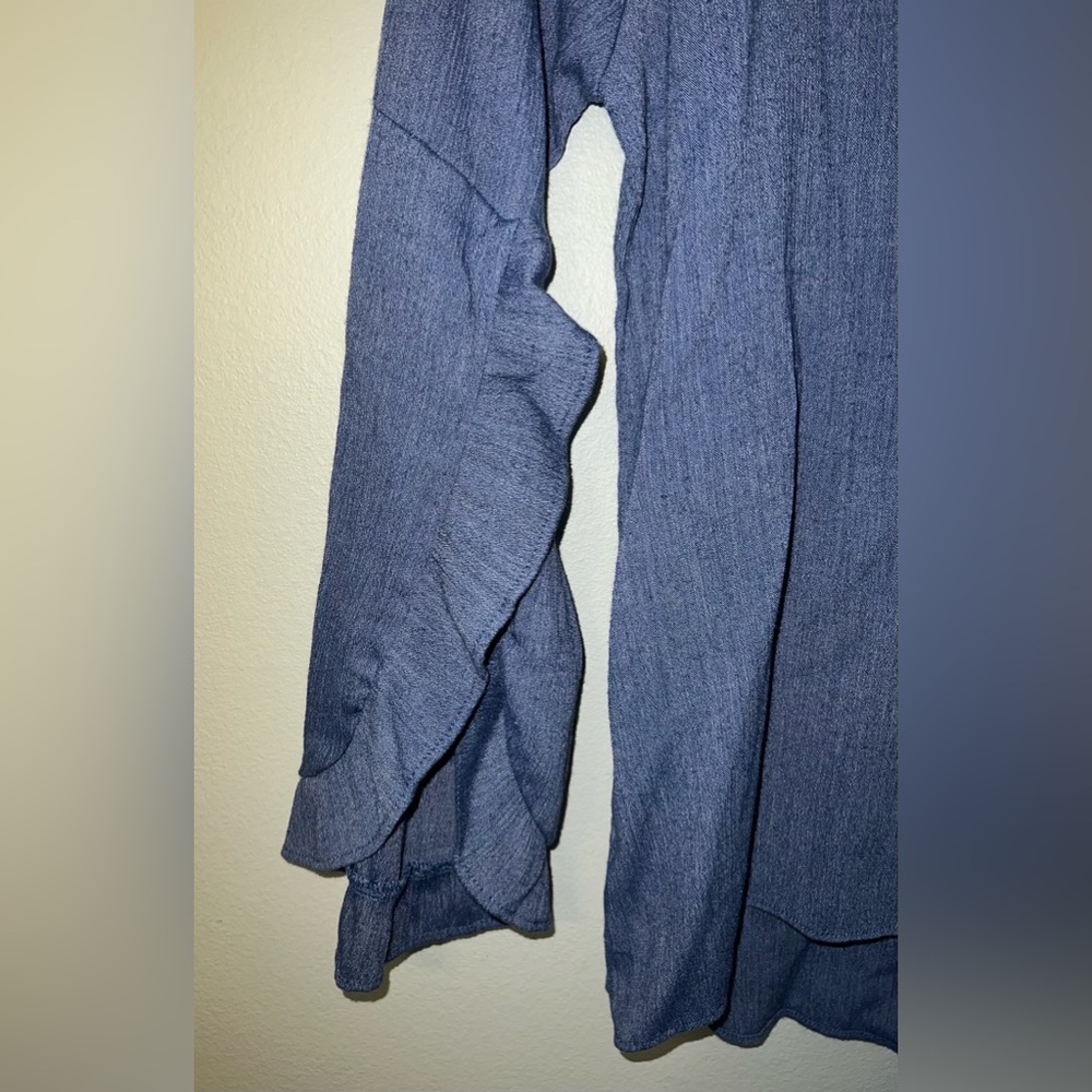 Moa Moa Woman's Blue Crinkle Top w/ Romantic Slit Ruffle Sleeves Blouse! - Picture 3 of 12